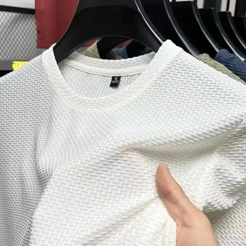 Ice Silk Bamboo Node Men'S Short Sleeve T-Shirt Summer Pure Color Elastic Comfortable Cool Feeling Casual Versatile Thin Trendy