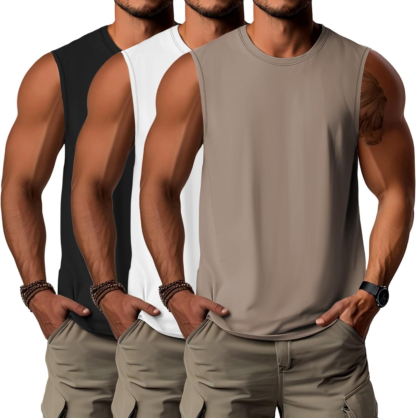 3 Pack Men'S Big and Tall Tank Tops, Cotton Moisture Wicking Muscle Shirts Sleeveless Gym Workout Tee Shirts(Black, White, Khaki,X-Large)