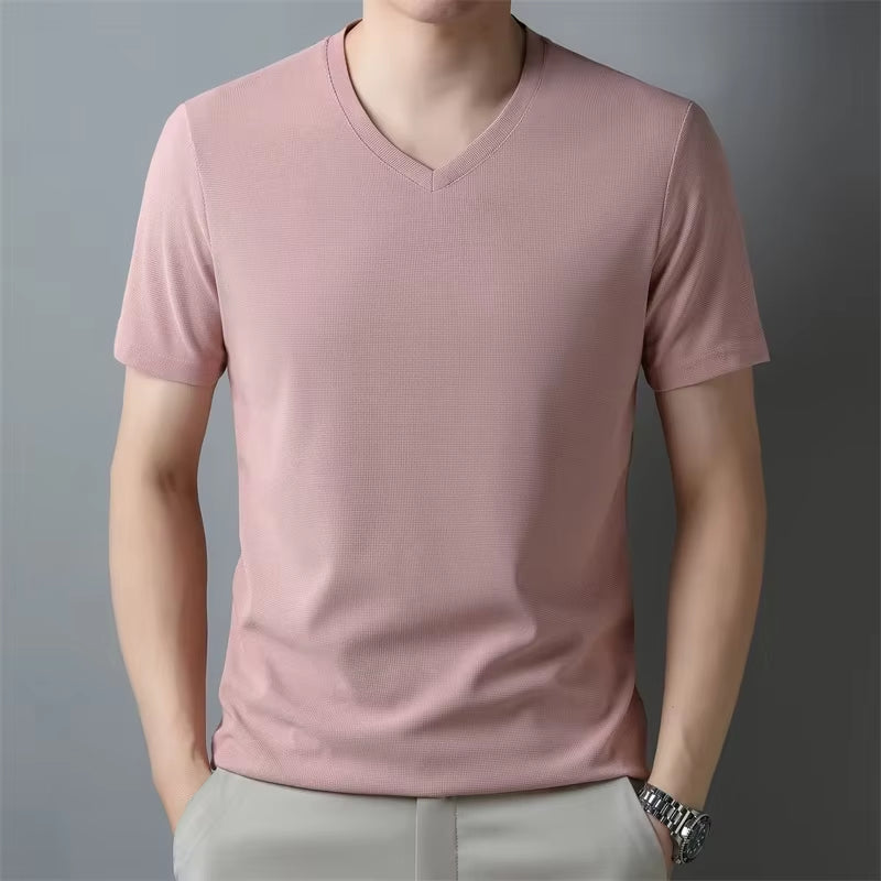 2024 Men'S New Waffle V Neck Short Sleeved T-Shirt Summer Comfortable Top