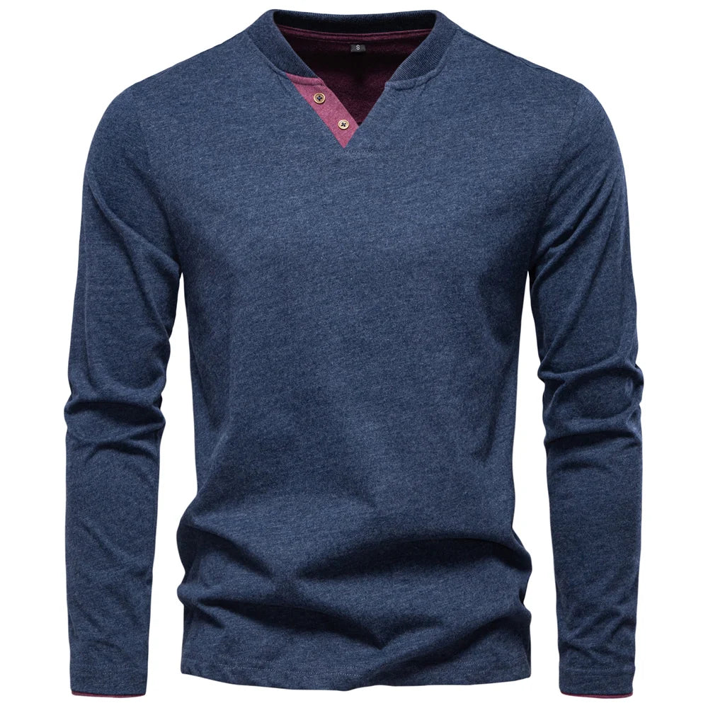 100% Cotton T-Shirt Men Casual Solid Color Long Sleeve Sweater Autumn Fashion High Quality Henley Collar Mens T-Shirts