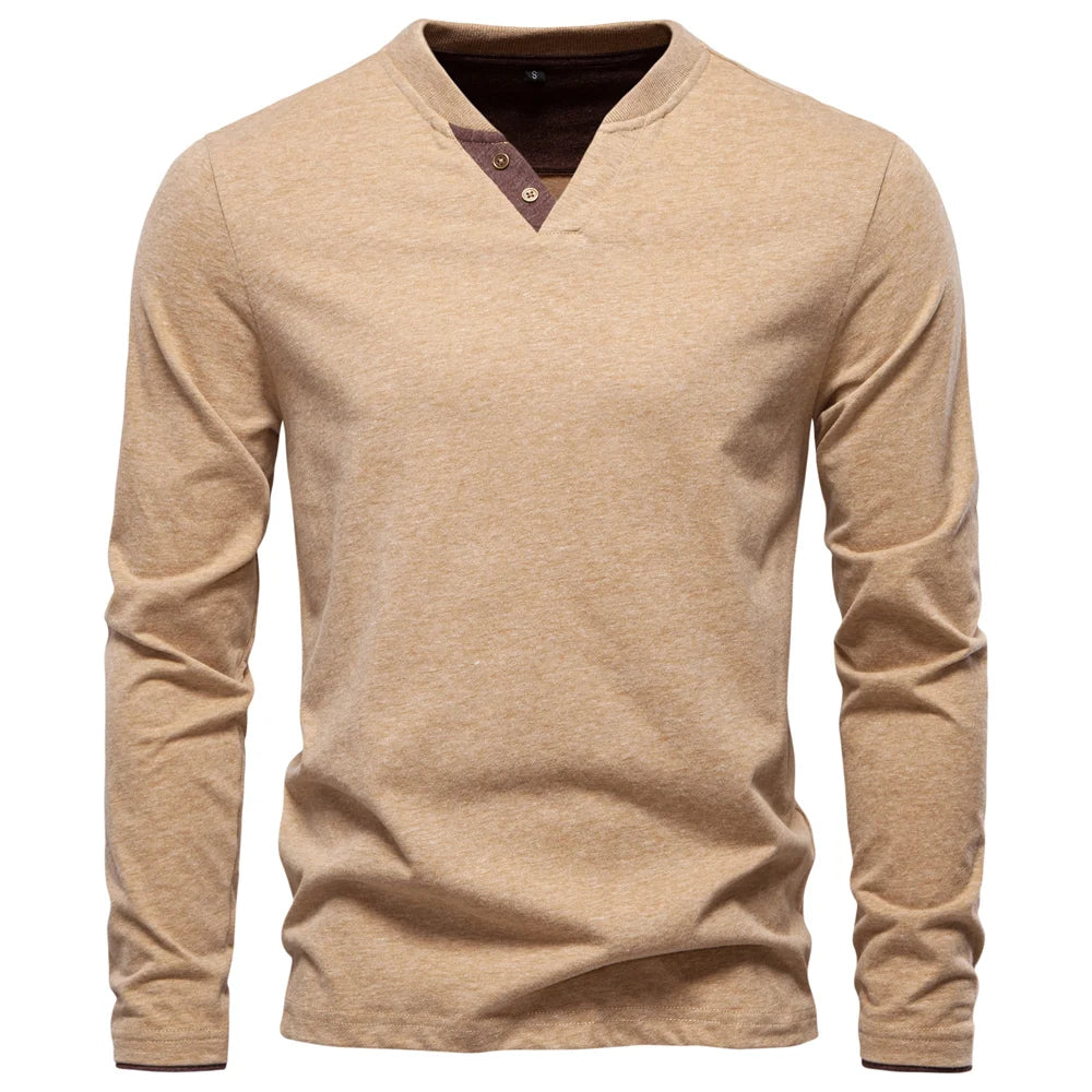 100% Cotton T-Shirt Men Casual Solid Color Long Sleeve Sweater Autumn Fashion High Quality Henley Collar Mens T-Shirts