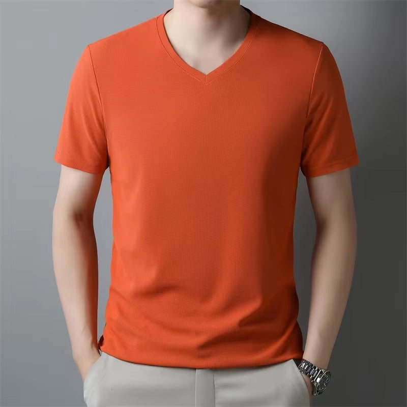 2024 Men'S New Waffle V Neck Short Sleeved T-Shirt Summer Comfortable Top