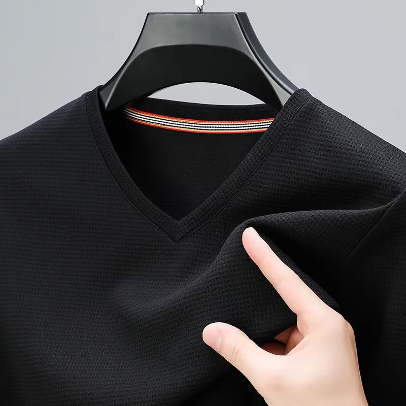2024 Men'S New Waffle V Neck Short Sleeved T-Shirt Summer Comfortable Top