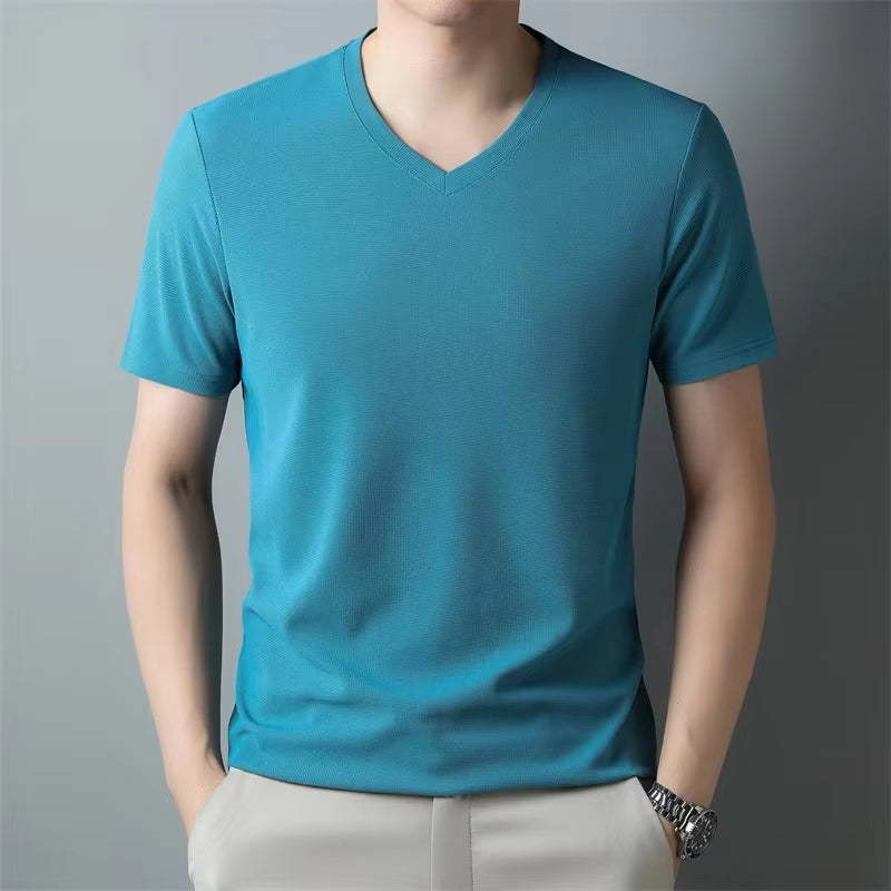 2024 Men'S New Waffle V Neck Short Sleeved T-Shirt Summer Comfortable Top