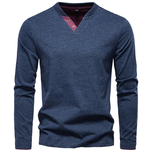 100% Cotton T-Shirt Men Casual Solid Color Long Sleeve Sweater Autumn Fashion High Quality Henley Collar Mens T-Shirts