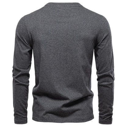 100% Cotton T-Shirt Men Casual Solid Color Long Sleeve Sweater Autumn Fashion High Quality Henley Collar Mens T-Shirts