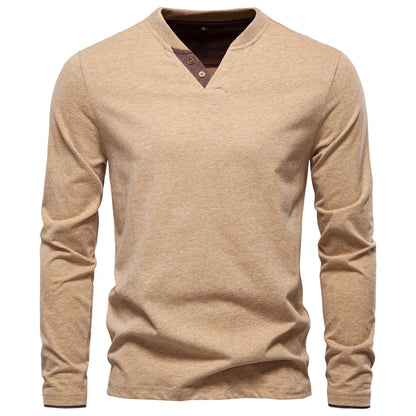 100% Cotton T-Shirt Men Casual Solid Color Long Sleeve Sweater Autumn Fashion High Quality Henley Collar Mens T-Shirts