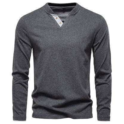 100% Cotton T-Shirt Men Casual Solid Color Long Sleeve Sweater Autumn Fashion High Quality Henley Collar Mens T-Shirts